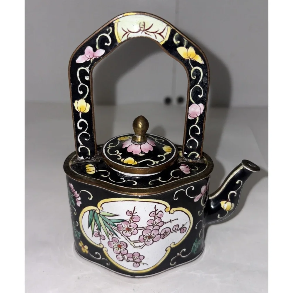 Vintage Kelvin Chen Mini Enamel Teapot Oriental Eastern Cherry‎ Blossoms - Picture 2 of 3